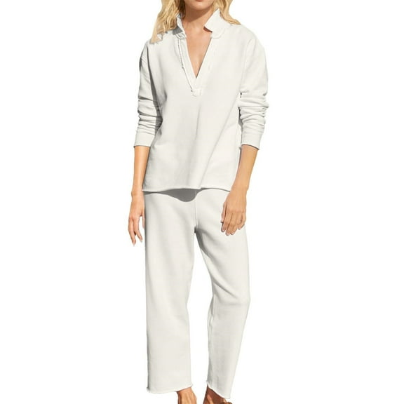 BLOCLOALO 2 Piece Lounge Set Long Sleeve Pullover Sweatshirts Outfits Pullover Sweatshirts Wide Leg Pants Travel Set V Neck Blouses Sweatpants and Sweatshirt Set Matching Sets Women Clothing Beige L