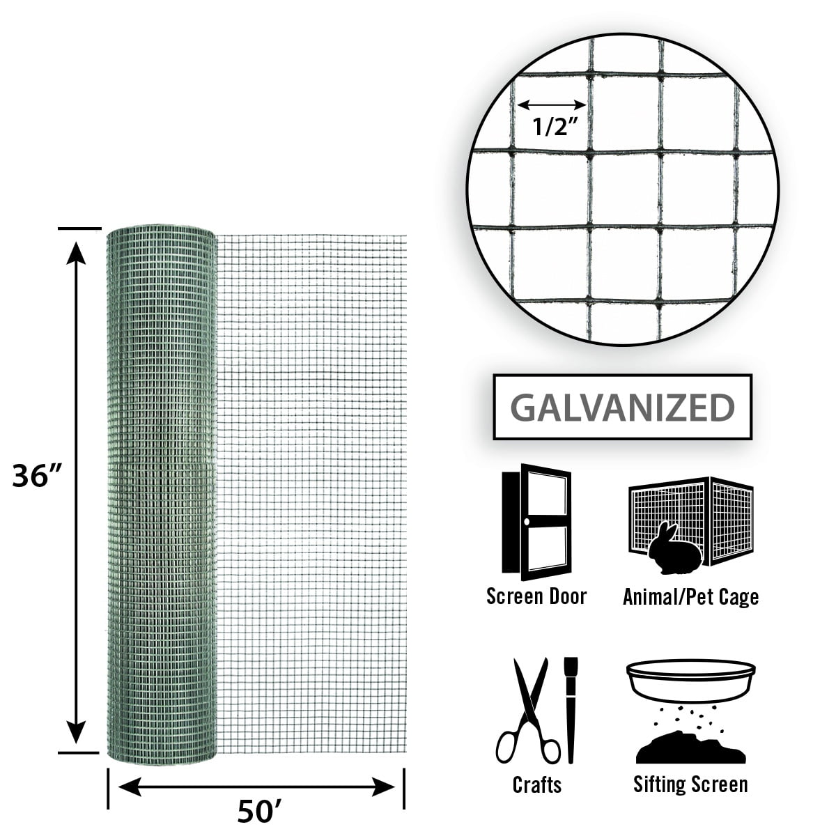 36in H x 50ft L Galvanized Hardware Cloth with 1/2in Openings