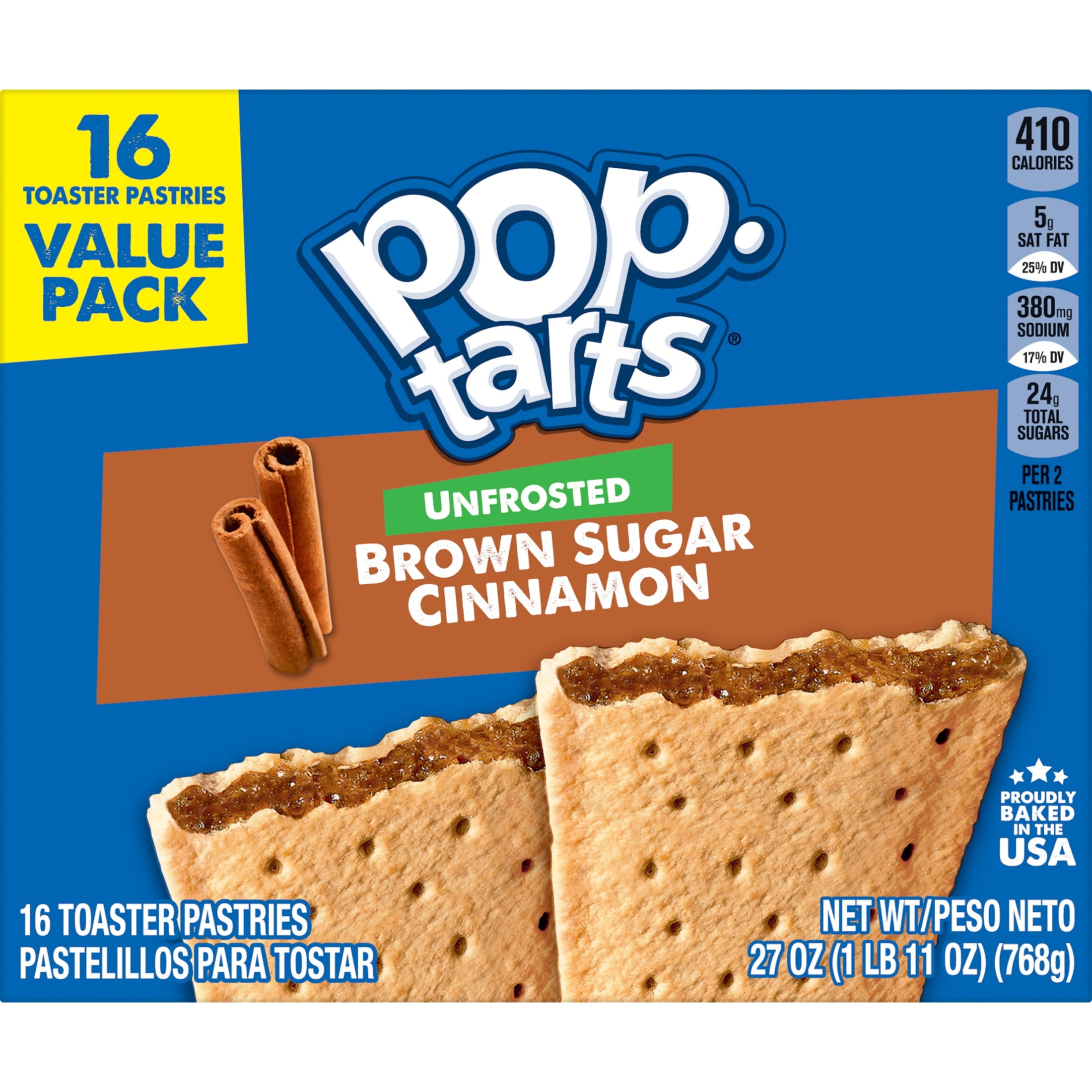 Pop-Tarts Unfrosted Brown Sugar Toaster Pastries, Breakfast Foods, Shelf-Stable, 27 oz (16 Count)