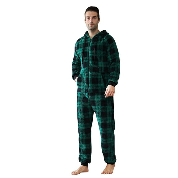 DHFJKG Plaid Plush Pajamas For Men Hooded Jumpsuits Loose Fit Long Sleeved Zipper Warm Onesie With Pockets Loungewear Home Clothes Leisure Homewear