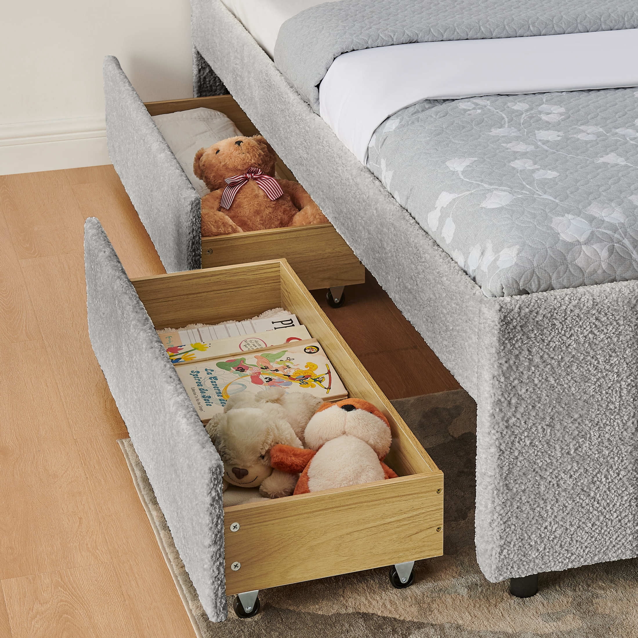 Noble House Luxen Full Chenille Upholstered Bed, Vertical Tufted Daybed with Pull-out Trundle and Storage Drawers, Gray