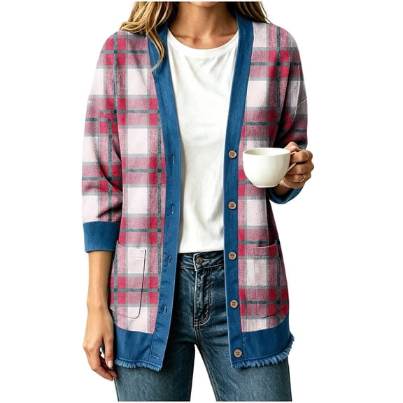 Bixock Jeans Cardigan for Womens Open Front Long Sleeve with Pockets Printed Loose Casual Outerwear Fall Winter Coats Daily Wear