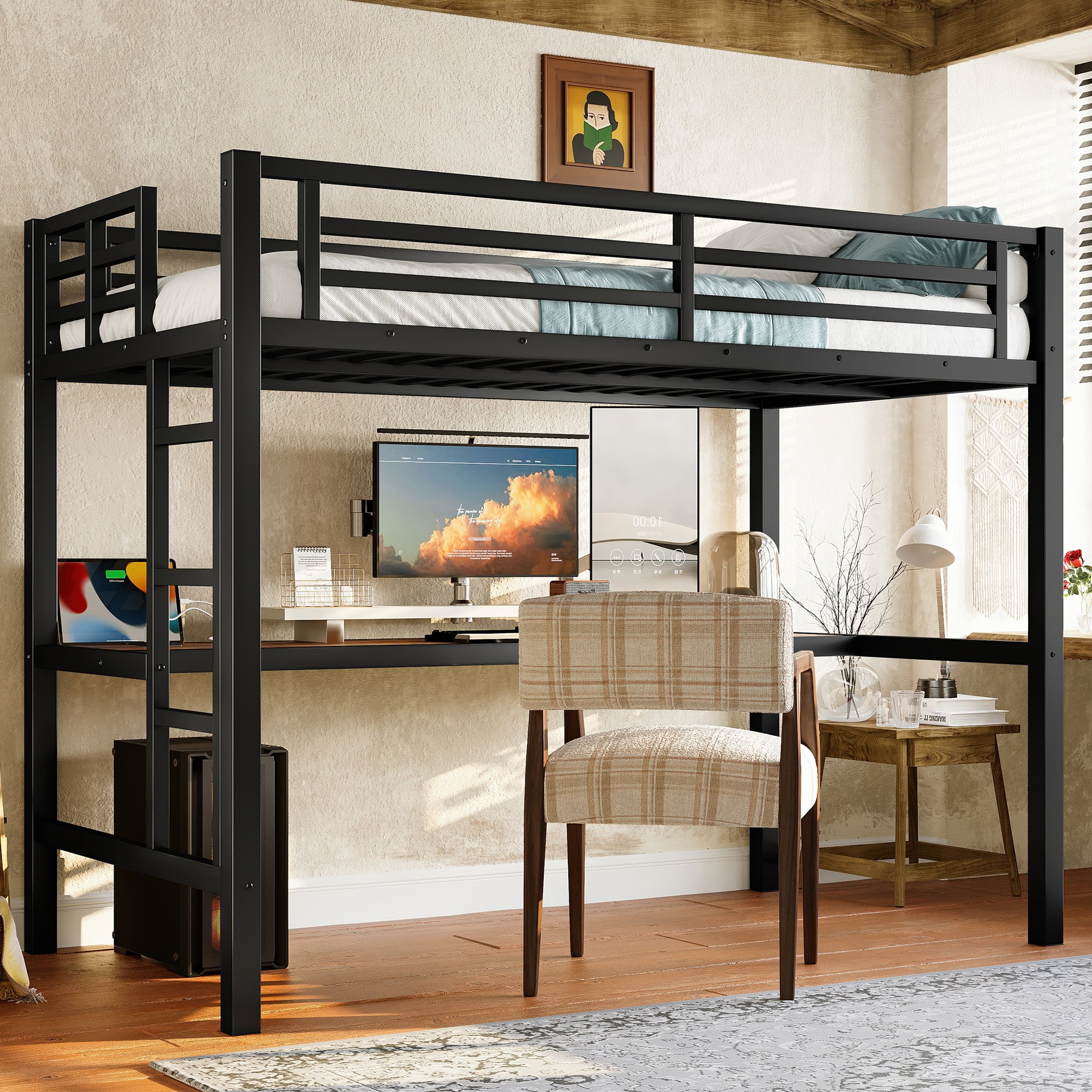 Aukfa Twin Size Metal Loft Bed with Desk, Charging Station and LED Lights for Kids, Space-Saving, Heavy Duty, Black
