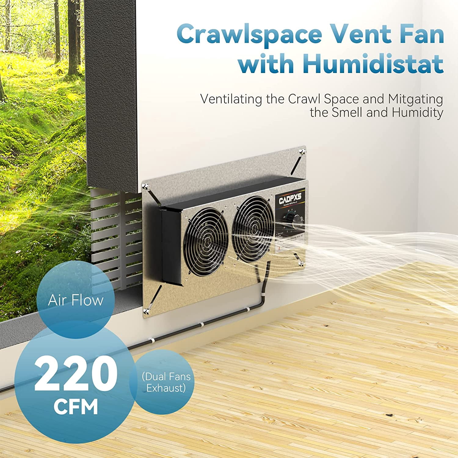 CADPXS Crawlspace Ventilation Fan 220 CFM Air Out, Crawlspace Fan Vent with Humidistat, Dehumidistat & Freeze Protection Thermostat, for Crawl Spaces Basement Garage Attic