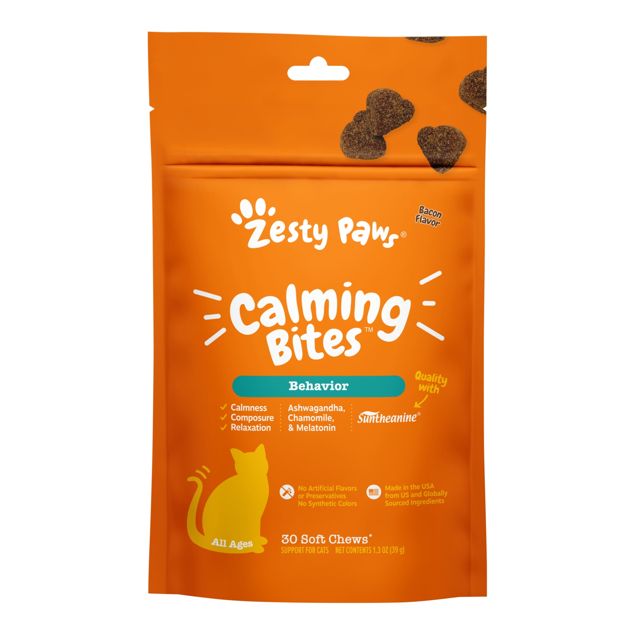 (3 pack) Zesty Paws Calming Bites Bacon 30ct - Cat (Pouch)
