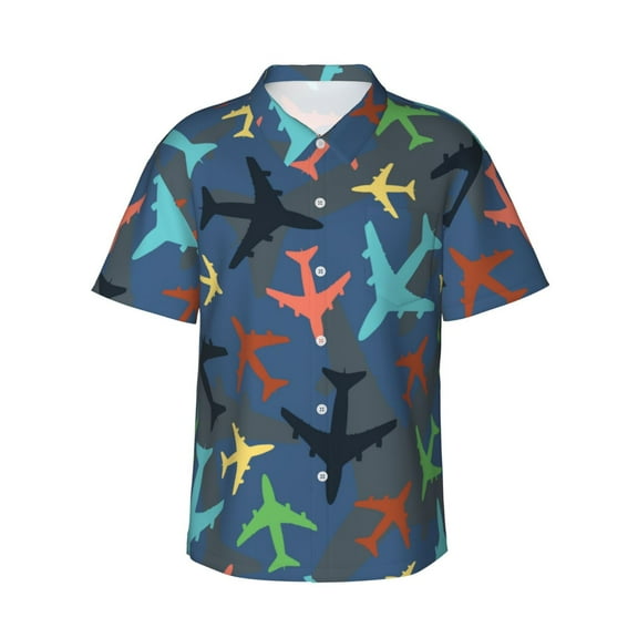 Colorful Airplanes Men'S 3d Print Casual Button Down Shirts, Novelty Hawaiian Short Sleeves M