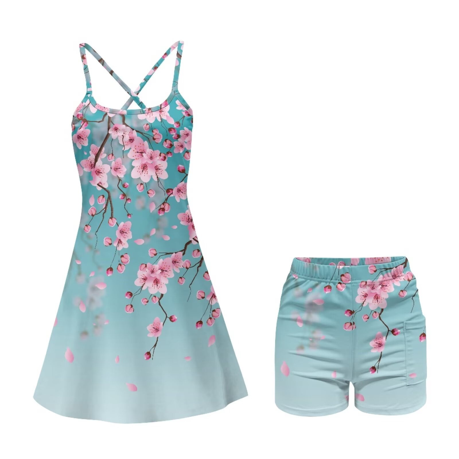 Yuyamidu Cherry Blossom Womens Tennis Golf Dress, Blue Workout Dress with Shorts Comfortable Athletic Dresses for Women Sportswear Size XL