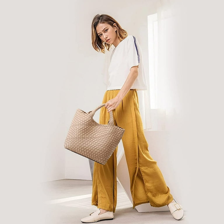 Woven Bag for Women Vegan Leather Tote Bag Large Summer Beach Travel Handbag and Purse Retro Handmade Shoulder Bag