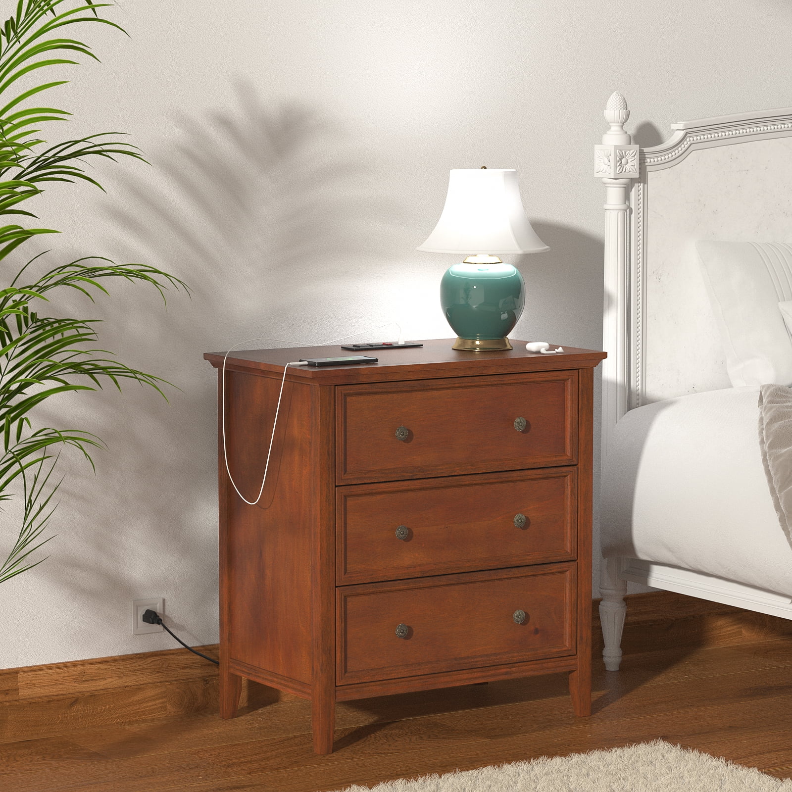 IKENO Nightstand with 3 Drawers & Charging Station, Caramel