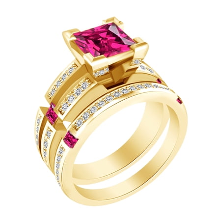 AFFY Princess & Round Shape Simulated Ruby & White CZ 14k Yellow Gold Over Sterling Silver Bridal Ring Set