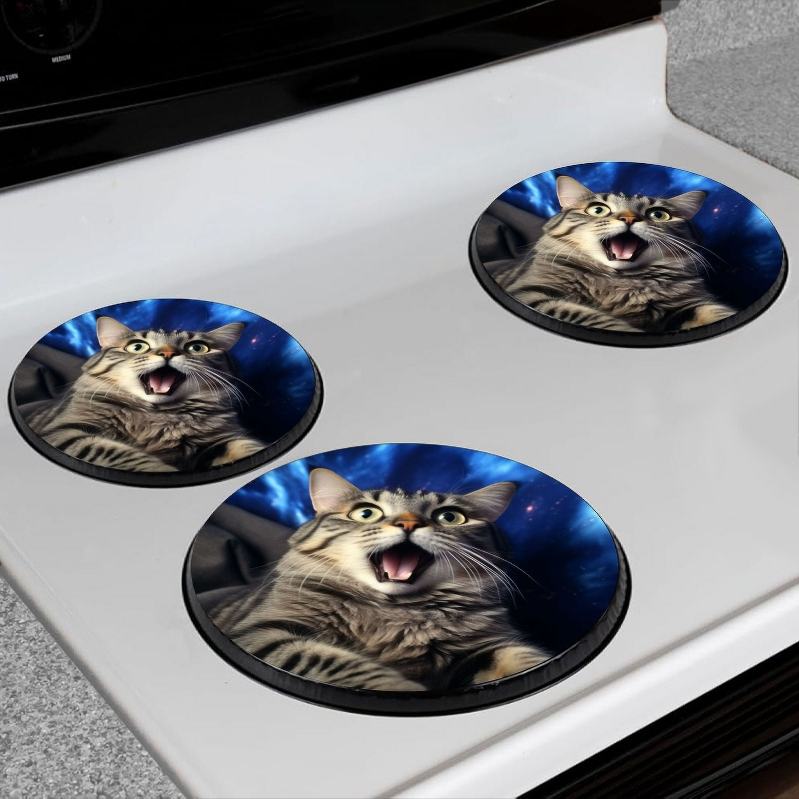 BaHomeck Electric Stove Burner Covers Set of 4,Round Metal Gas Stove Burner Covers 8 Inch and 10 Inch,Kitchen Decor,Cat Sitting On The Sofa With Surprised Expression