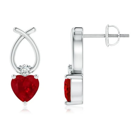 Heart Shaped Ruby Earrings - Holiday Sale - Heart Shaped Ruby Ribbon Earrings with Diamond in 14K White Gold (5mm Ruby) - SE0964RD-WG-AAA-5