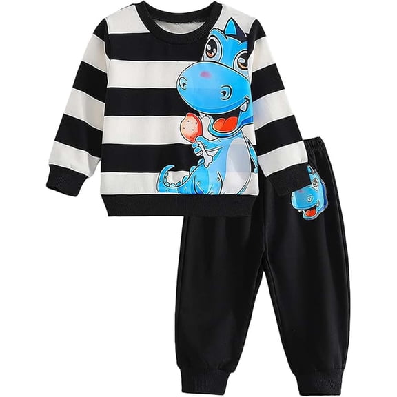GobdXE Toddler Boys 2 Piece Outfit Striped Long Sleeve Sweatshirt Jogger Pants Cute Dinosaur Print Kids Casual Clothing Set Black,4-5 Years
