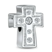 Simple Sparkling Spiritual Religious Clear CZ Cross Charm Bead for Women Teen Communion, Weddings .925 Sterling Silver Fits European Bracelet