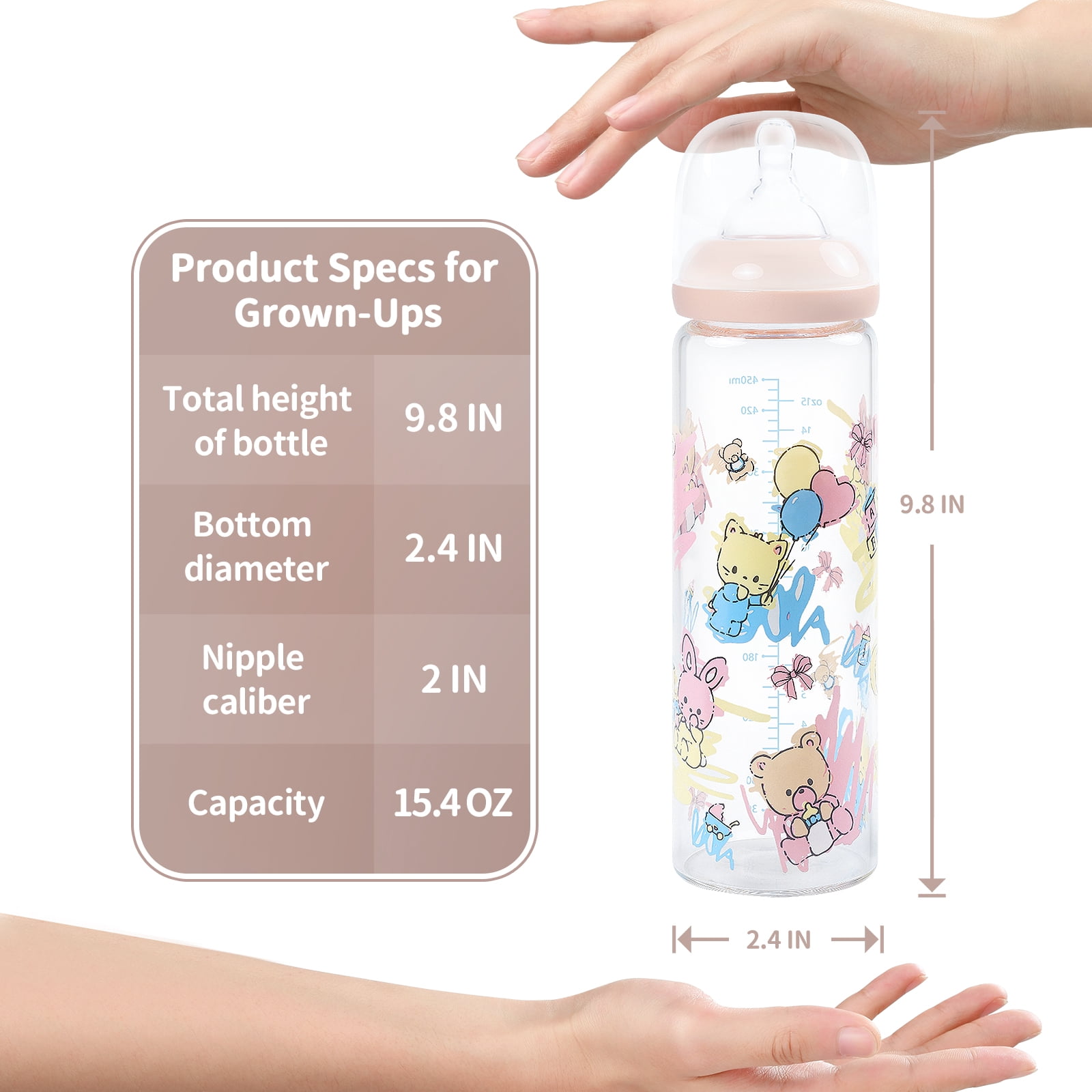 LittleForBig Adult Baby Bottle Ultra Printed Specialty Oversized Glass Feeding Baby Cuties Pattern