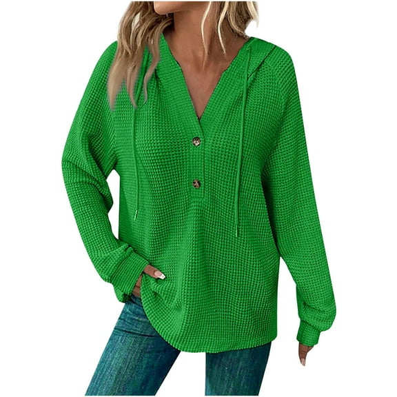 Button Hoodies for Womens Trendy Waffle Knit Hooded Sweatshirts Loose Fit Pullover Sweatshirt Solid Basic Fall Winter Hoodie Shirts V Neck Long Sleeve Tunic Hoody Coats Tops with Drawstring