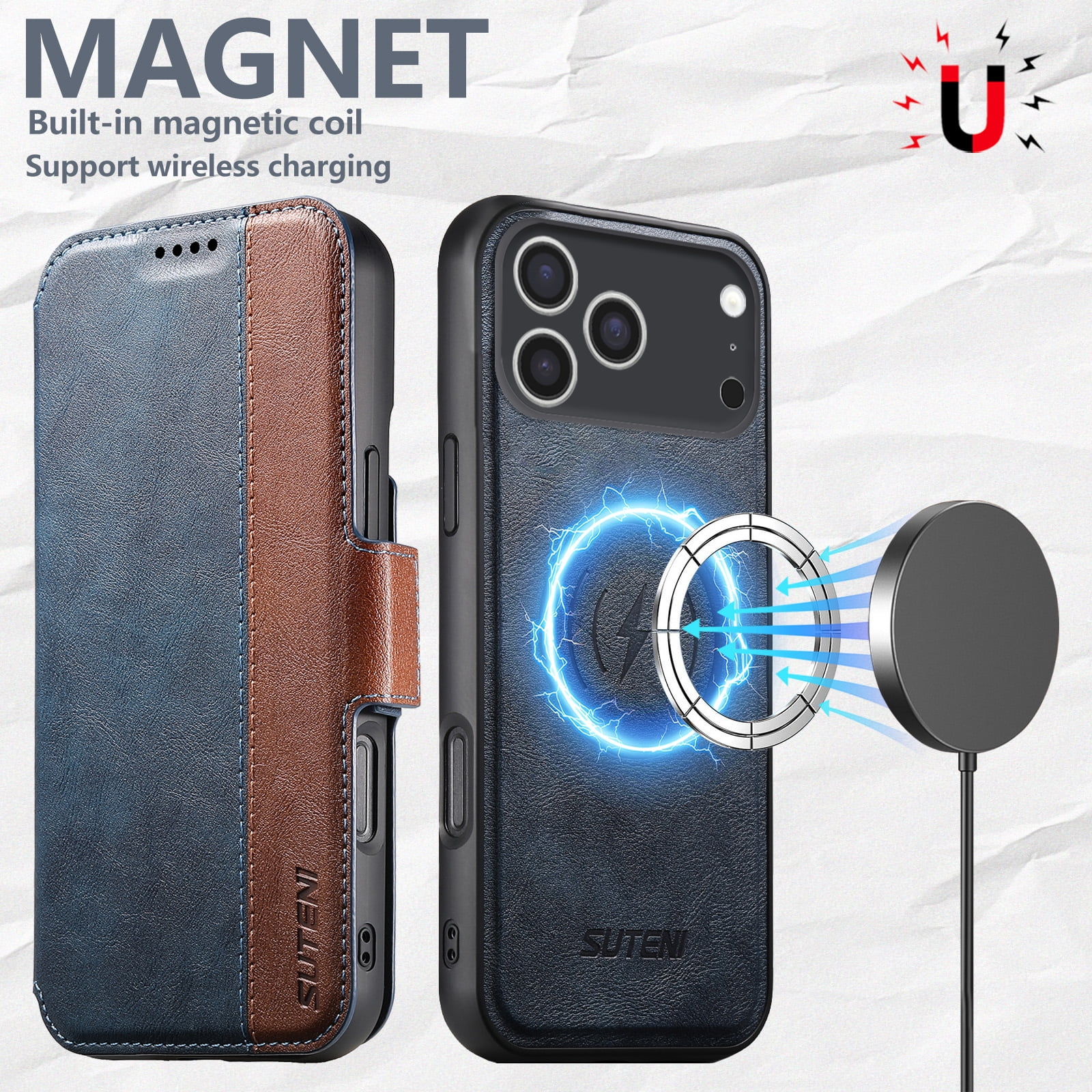PU Leather for iPhone 17 Pro Max Case, 2 in 1 Detachable Wallet Case with Card Holder, Removable Flip Stand Folio Cover with RFID Blocking Phone Cover [Compatible with MagSafe],Blue