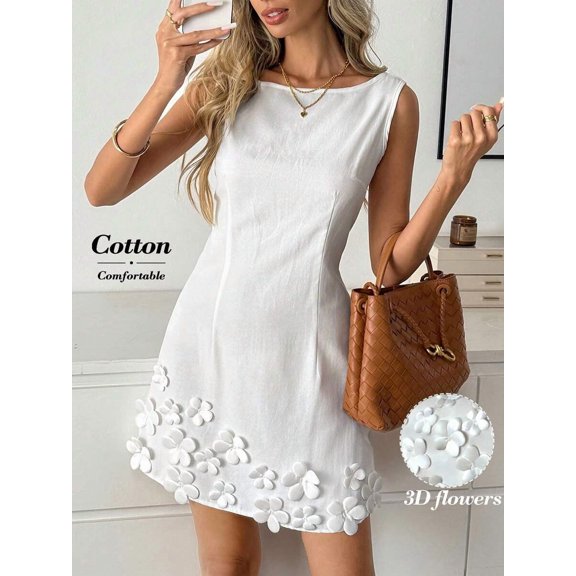 White Cotton Sleeveless A-Line Mini Dress With 3D Floral Embellishment, Casual Elegant Vacation Style