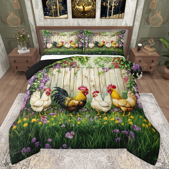 Castle Fairy Farm Chicken Rooster Bedding Comforter Set 2pcs for Boys Girls,Rustic Farmhouse Animal Twin Comforter Sets Microfiber,Chic Floral Flowers Breathable Bedding Set,Microfiber Bedroom Decor