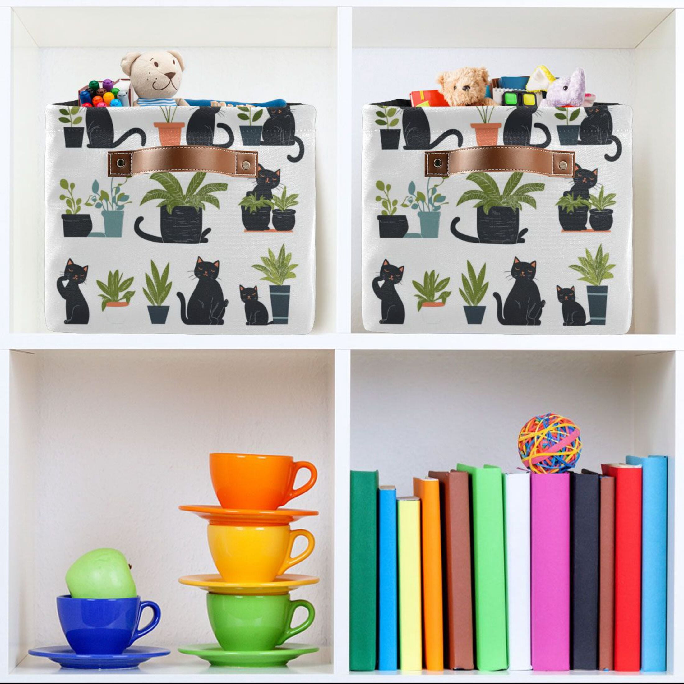 Black Cat Playing Foldable Storage Basket,Canvas Fabric Foldable Storage Bins with Handles Open Home Storage Bins Boxes for Toy Book Shelf Closet Baskets