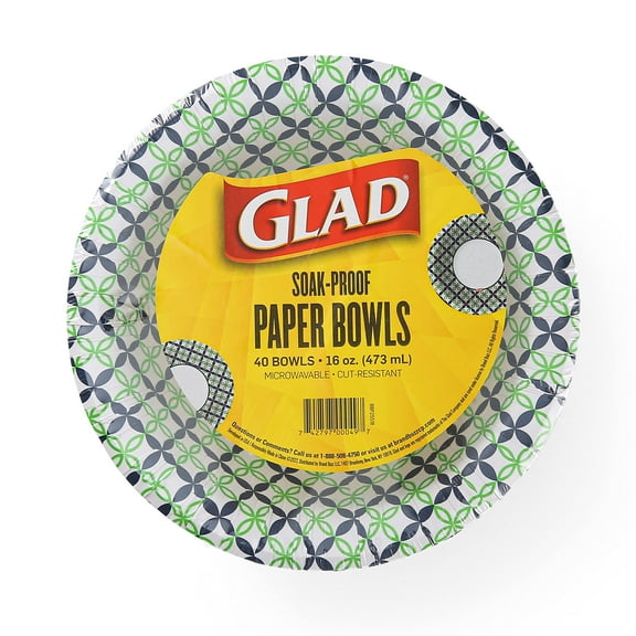 Glad Round Disposable Paper Bowls with AFN1Blue and Happy Daisies Design | Soak Proof, Cut-Resistant, Microwaveable Heavy Duty Disposable Bowls | 16 oz, 40 Count Cute Design Floral Paper Bowls