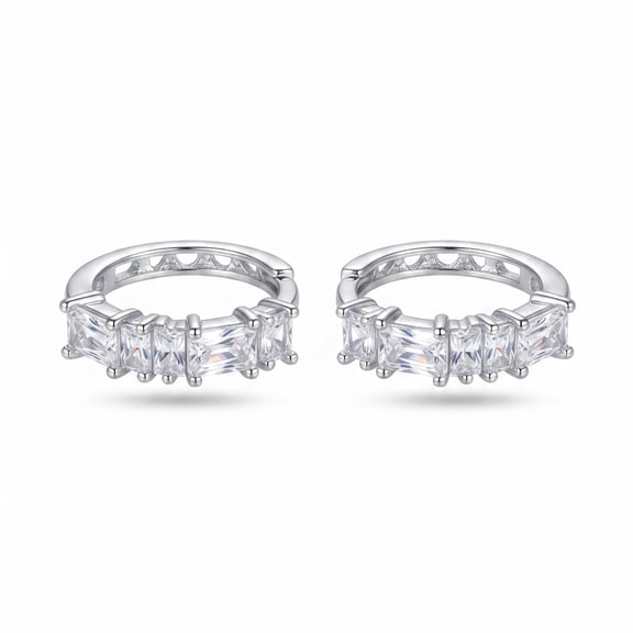 Luxiro Lifestyle Silver Plated Baguette and Round CZ Huggie Hoop Earrings for Women