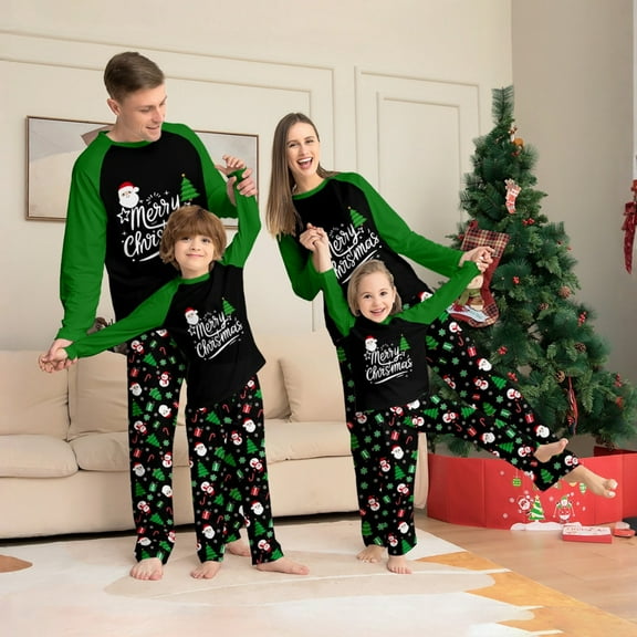 Family Christmas Pajamas Matching Sets – Green and Black Long Sleeve Tops and Pants with Santa Claus and Christmas Tree Print, Festive Holiday Sleepwear Outfits for Couples and Families