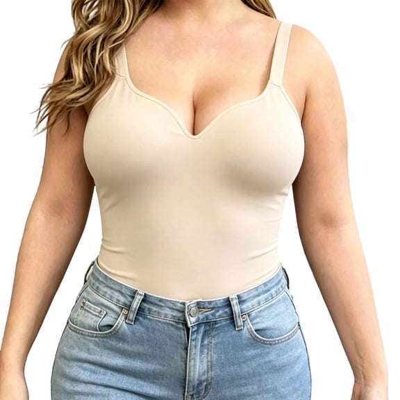 Sweetheart Cami with Built-In Bra for Women Wireless Camisole Tank Top Soft Slim Tummy Shapewear Women Summer Comfy Breathable Cami Daily Beach Travel Outfits, Beige L