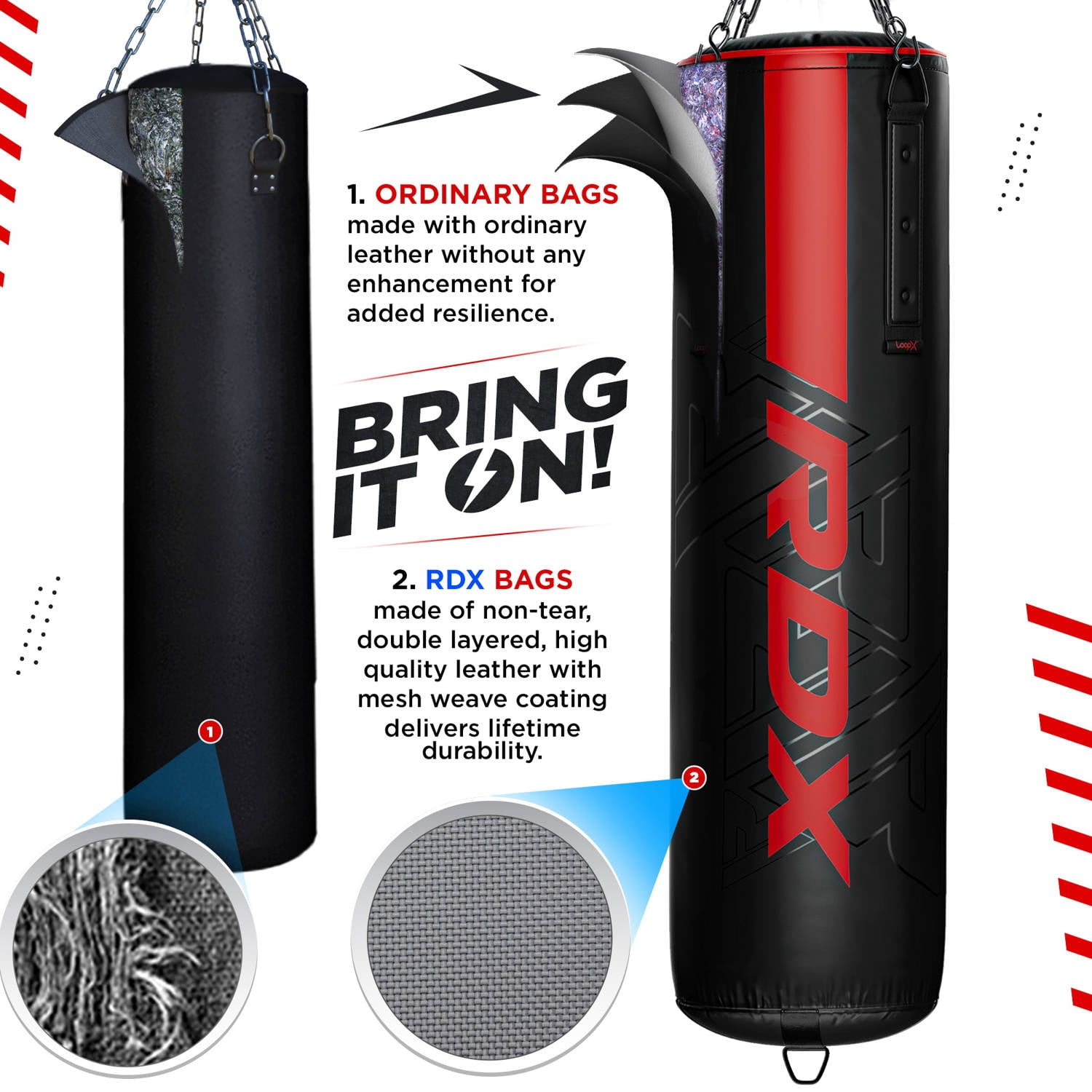 RDX 4PC Punching Bag Anti Swing Heavy Filled Set, Non Tear Maya Hide Leather Adult Bag with Ceiling Hook Punching Gloves Chain, Kickboxing Boxing MMA Muay Thai Karate Training, 60 lb, 80 lb