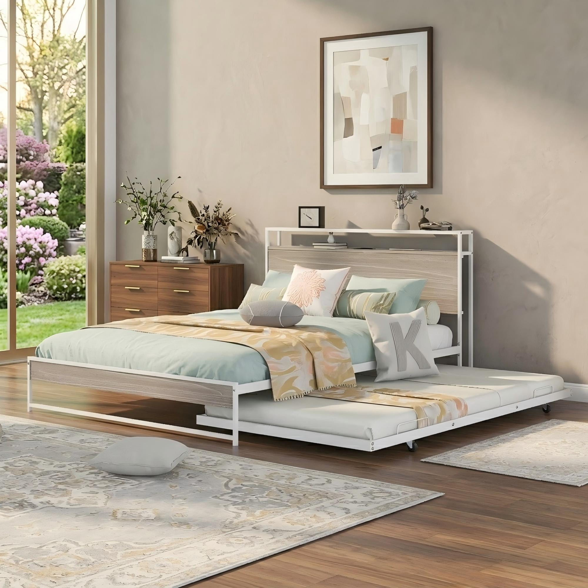 Aukfa Queen Size Metal Bed Frame with Trundle, USB Charging Ports and Storage Headboard, Modern Platform Bed with Wood Accents, White
