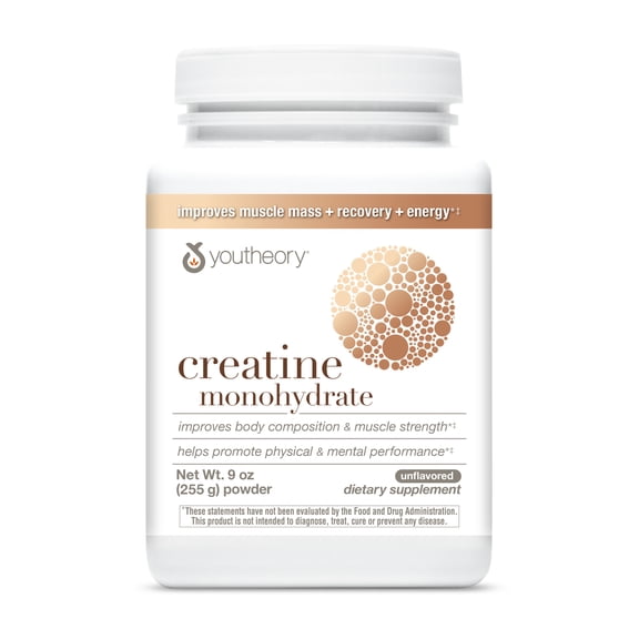 Youtheory Creatine Monohydrate Powder, Unflavored, 9 Ounces, Easy to Dissolve, Dairy and Soy Free, No Gluten Ingredients