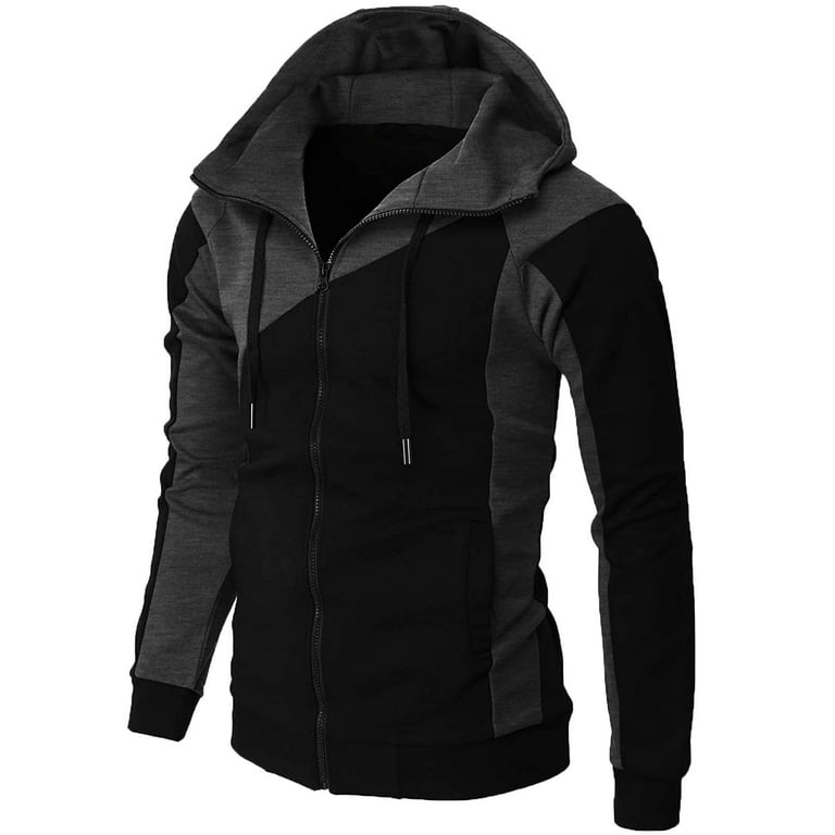 Hfyihgf Men's Jacket Color Block Full Zip Hoodie Long Sleeve Slim Fit  Lightweight Gym Sports Hooded Sweatshirt Coat with Pocket(Black,XL)
