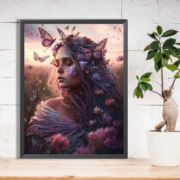 Cuadros Decorativos Pintura de diamante 5D DIY Taladro redondo completo Floral Mariposa Chica Arte Artesanía DQrwqpou embutido en tela