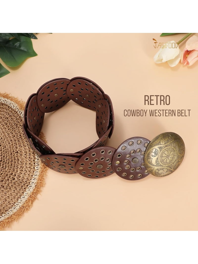 Papapt Western Belts for Women Wide Hollow Disc Leather Belt  display picture 2