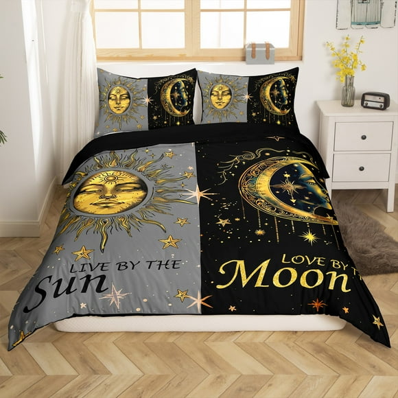 Sun snd Moon Bedding Set Toddler Size,Bohemian Eoxtic Style Duvet Cover for Boys Girls Universe Star Pattern Comforter Cover Boho Stripes Decor Bedspread Cover Galaxy Starry Sky Decor Bedding