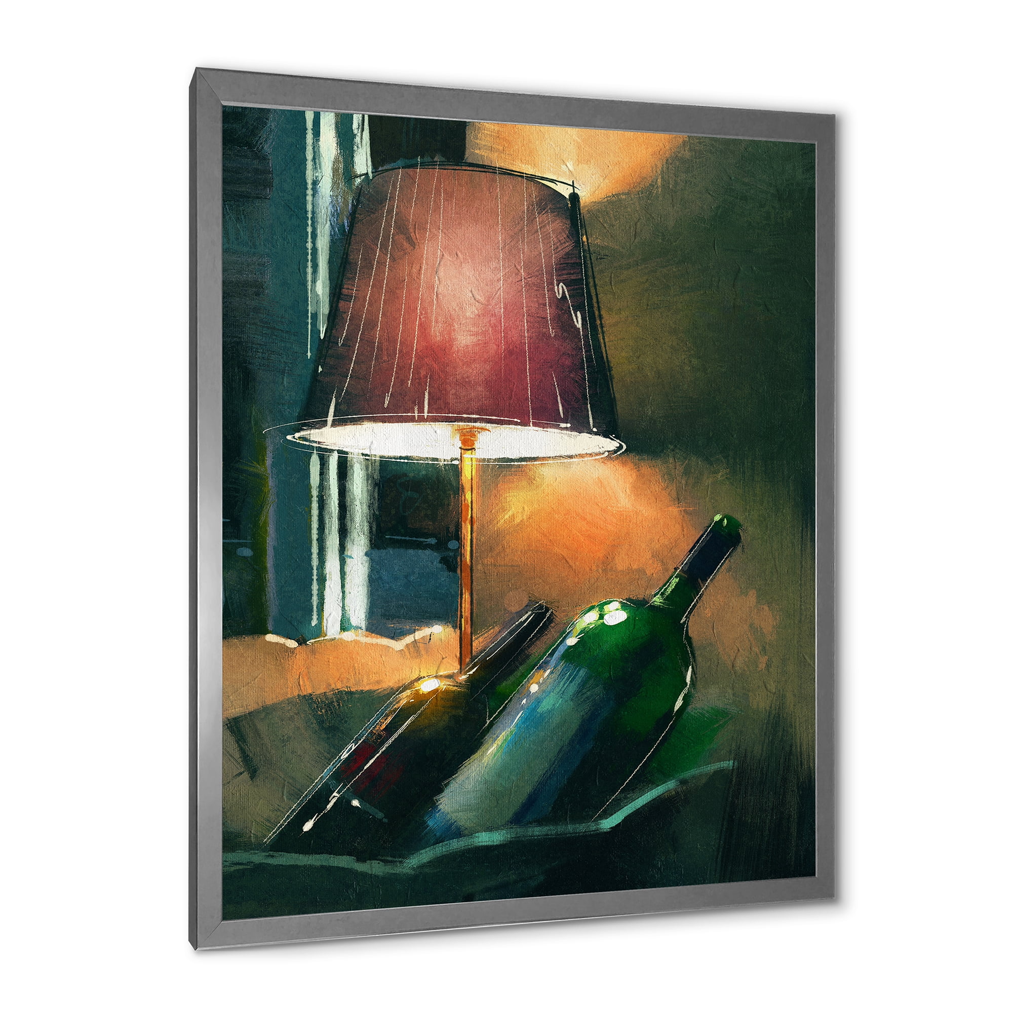 Designart 'Lamp Glowing Orange In The Night and Wine Bottles' Modern Framed Art Print