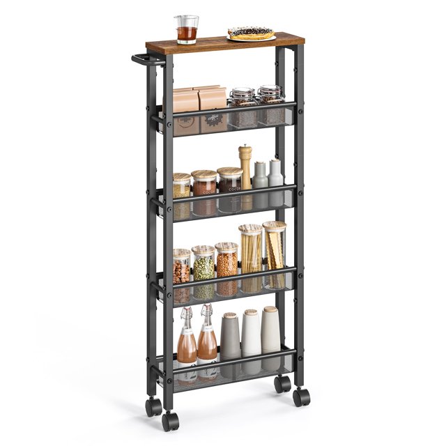 Slim Rolling Cart VASAGLE, almacenamiento de 5 niveles para cocina, marrón