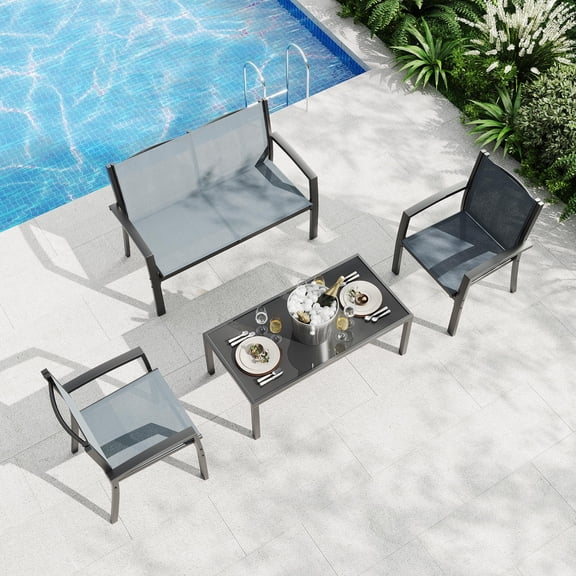 4 Piece Patio Bistro Set - Modern Metal Outdoor Furniture with Loveseat, 2 Single Chairs & Coffee Table - Breathable Textilene Seats - appropriate for Patio, Porch, Balcony, Backyard, Poolside, Gray