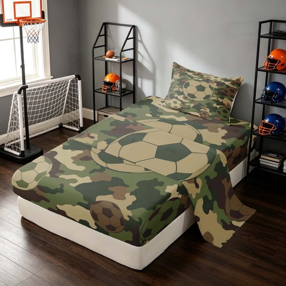 Manfei Cartoon Sports Twin Sheets, Camo Soccer Bedding, Camo Green Beige Brown 3 Pieces(1 Flat Sheet, 1 Fitted Sheet and 1 Pillowcase)