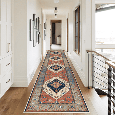 Runner Rugs for Hallway, 2x10 Washable Soft Non Slip Floor Rugs for Kitchen, Modern Mat for Living Room Bedroom Entryway Red & Brown