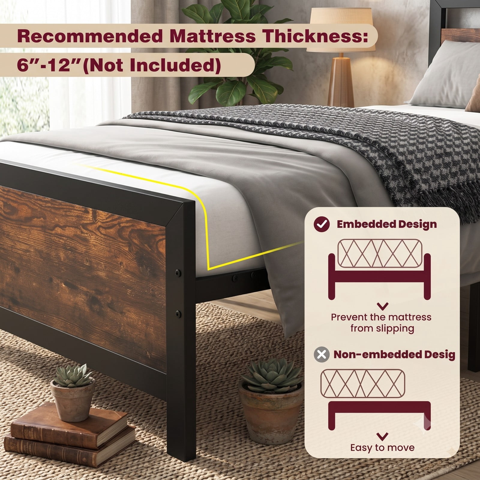 Furnibear Queen Size Bed Frame Metal Platform Bed with Wood Panel Headboard and Footboard, Under Bed Storage No Box Spring Needed, Rustic Brown