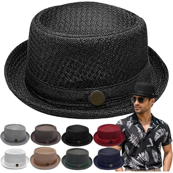 Summer Breathable Mesh Pork Pie Hat, Retro Straw Sun Protection Cap, Lightweight Fedora Bowler Hat for Men Women（Black）