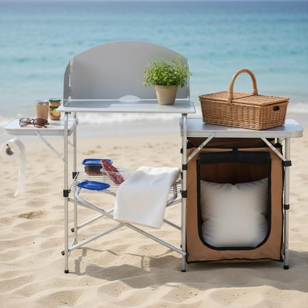 Topcobee Foldable Camping Kitchen Table with Removable Windscreen & Storage Bag, Portable Outdoor BBQ Table for Camping, Picnics, Tailgating & Backyard Use