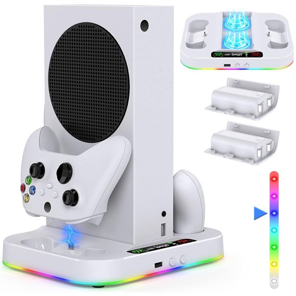 Soporte con ventilador de refrigeración y tira de luces RGB para Xbox Series S, estación de carga con 2 baterías recargables de 1400 mAh, con 15 modos de iluminación RGB