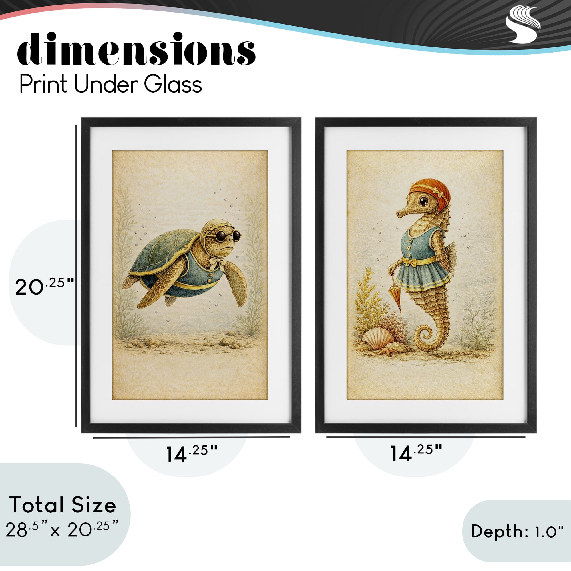 Stupell Industries Vintage Maritime Bathing Animals 2 Piece Black Framed Print Under Glass Set, design by Grotto Studios