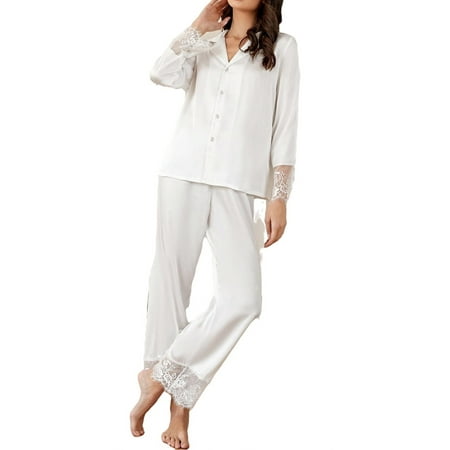 

Womens Pajama Sets Button Front Lapel Sleepwear White XL