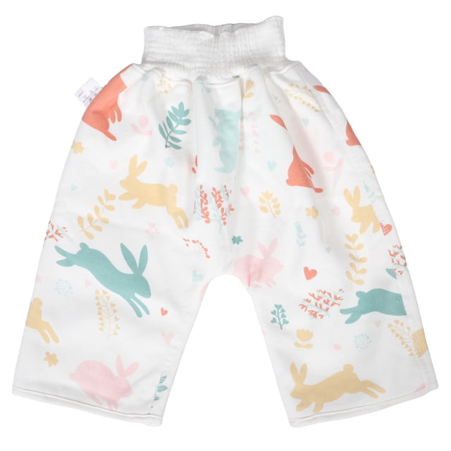 pantalones de pañal impermeables para bebés y niños con patrón de conejito de dibujos animados, pantalones de entrenamiento multicolor, vista frontal centrada con talle elástico alto y perneras anchas, algodón suave con capa impermeable según especificaciones, uso diurno y nocturno, talla M 35x32x1 cm, diseñados como ayuda para el entrenamiento para ir al baño y para proteger la ropa de cama de fugas.