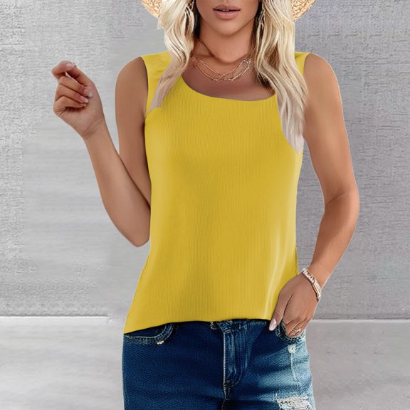 Siminsem Womens Lightweight Ribbed Tank Top Summer 2026 Sleeveless Round Neck Basic Layering Camisole Slim Fit Solid Color Cotton Blend Casual T-Shirt, Yellow, M