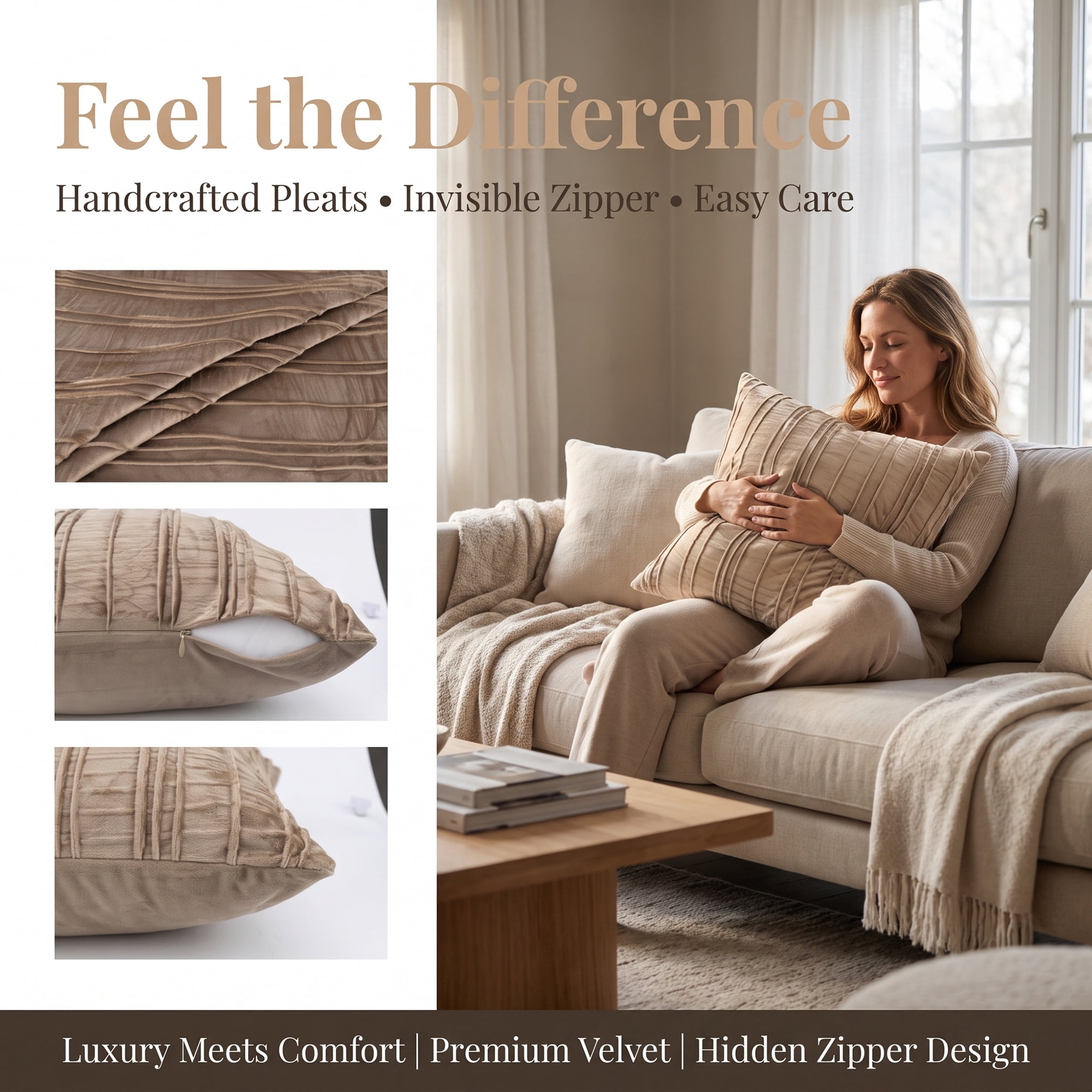 Unique Bargains 2Pcs Pleated Textured Throw Pillow Covers Couch Cushion Cases Khaki 18" x 18"