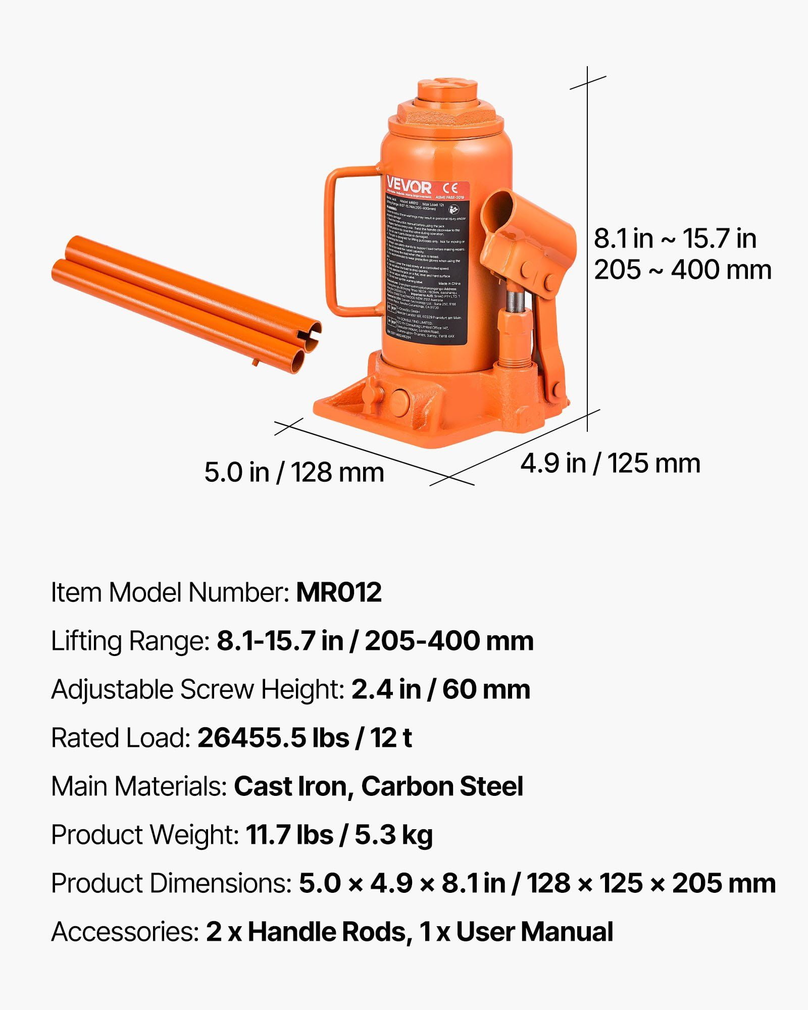12 Ton (26,455.5 lbs) Hydraulic Bottle Jack, Heavy Duty Welded Steel – 8.1-15.7 Inch Lift Range for Cars, SUVs, Pickups, Auto Repair, House Lifting & Farm Equipment, Orange